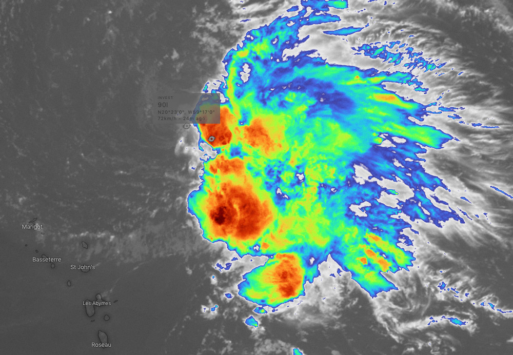 photo:Windy.com;desc:Invest 90L (left) and Tropical Storm Sebastien (right) on 19 Nov at 7:06 p.m. UTC;licence:cc;