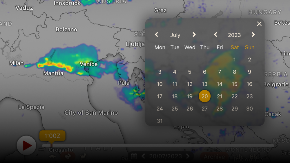 Go 365 days back with the weather radar and satellite archive