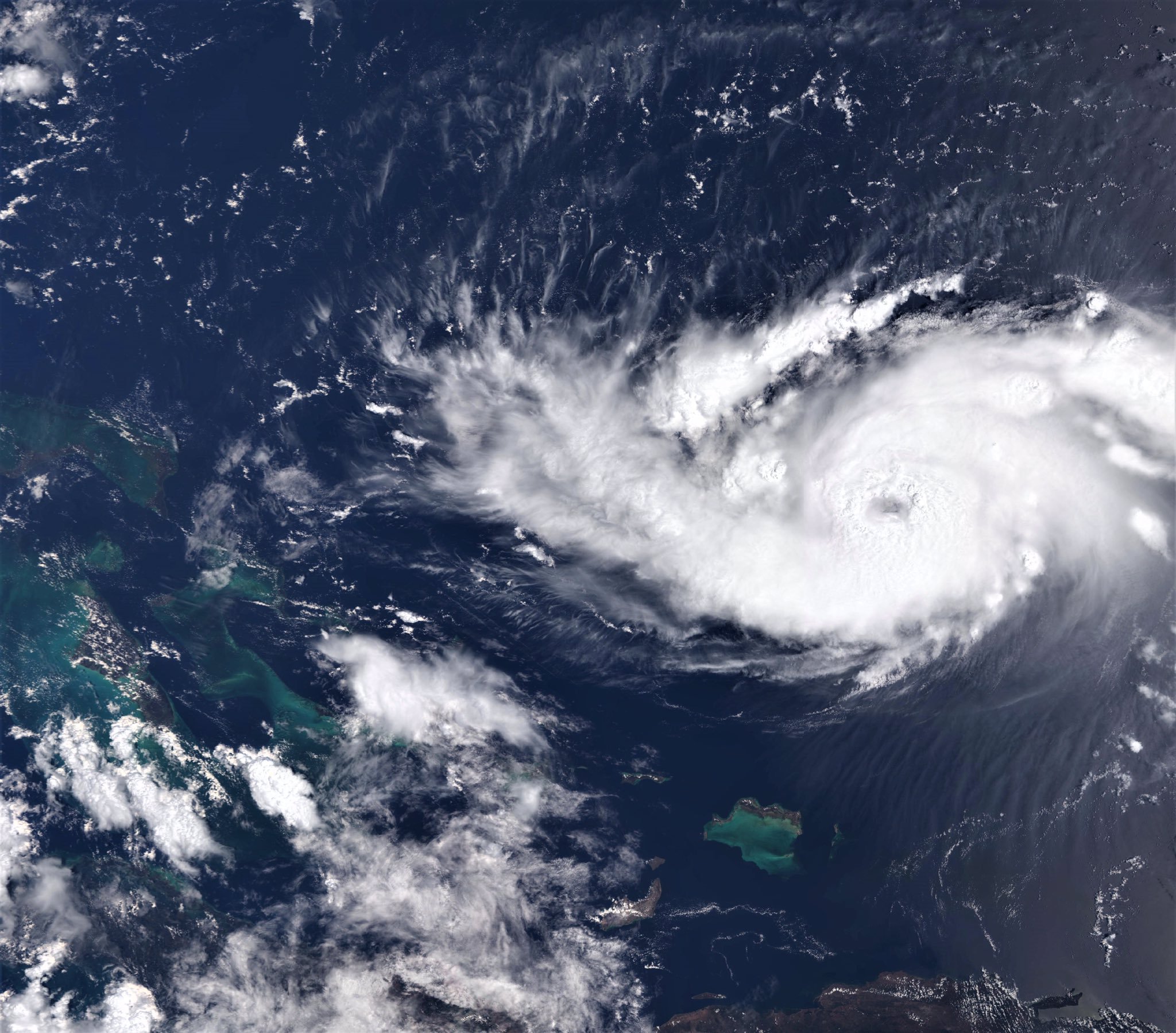 photo:Copernicus EMS;desc:The Eye of Hurricane Dorian,  Sentinel3’s OLCI instrument in true colours (wide view) 30 Aug 2019 at 14:53:41 UTC