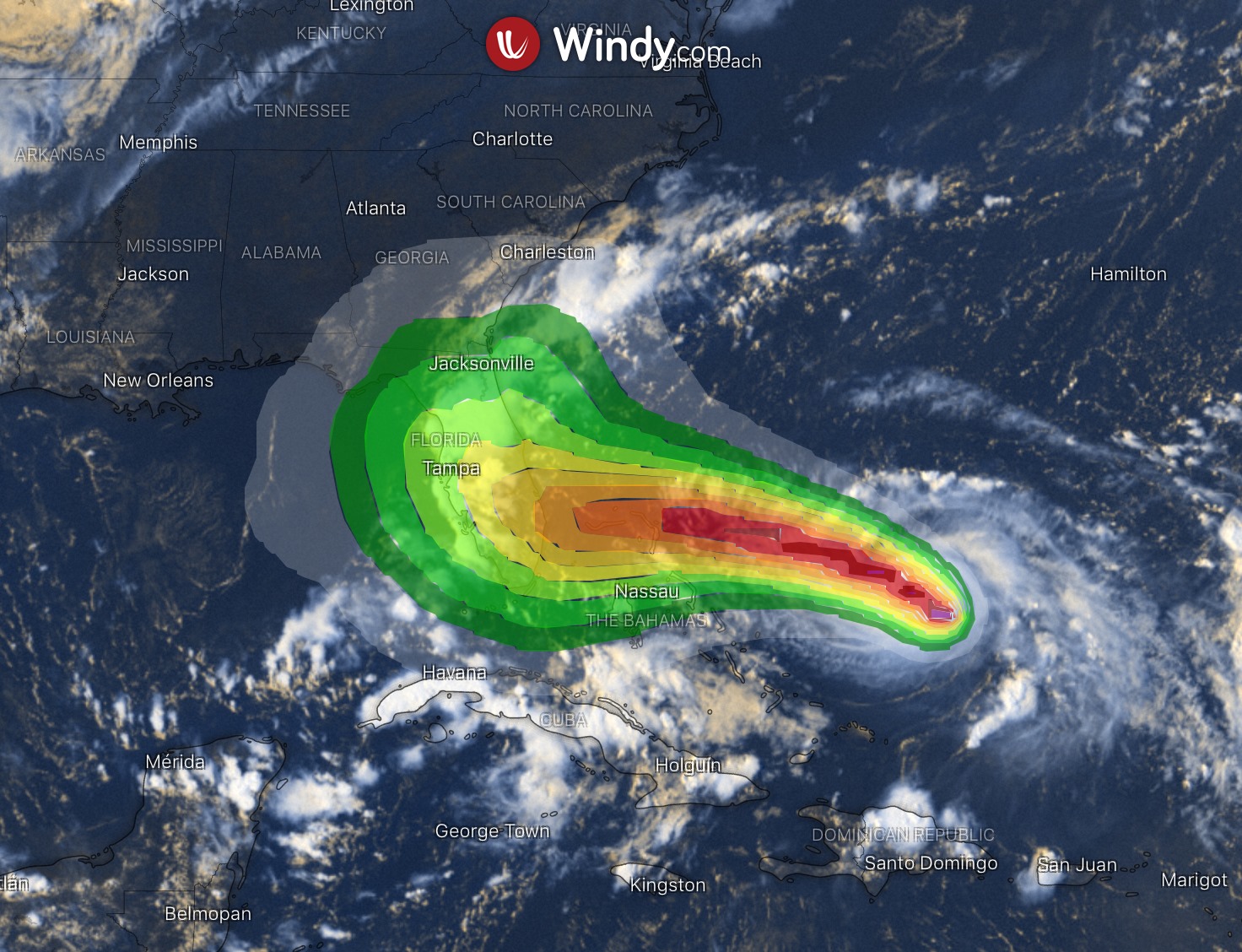 photo:WIndy.com;desc:64kt wind speed probabilities forecast (NOAA/NHC) over the last 12 hours max. winds forecast (ECMWF