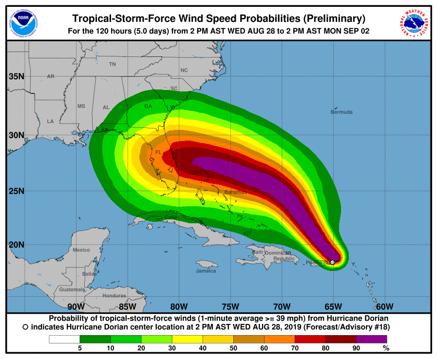 photo:NOAA/NHC; TS Dorian Wind Speed Probabilities