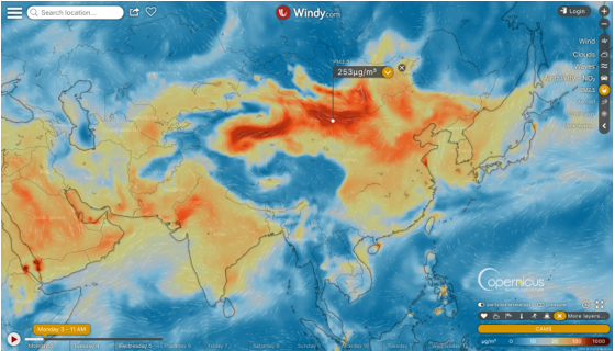 
photo: Windy;
licence: cc;
desc: Plumes of particular matter (PM2.5) over Asia, 3 June, 2019, 16.00h. Source: Windy using CAMS data;
